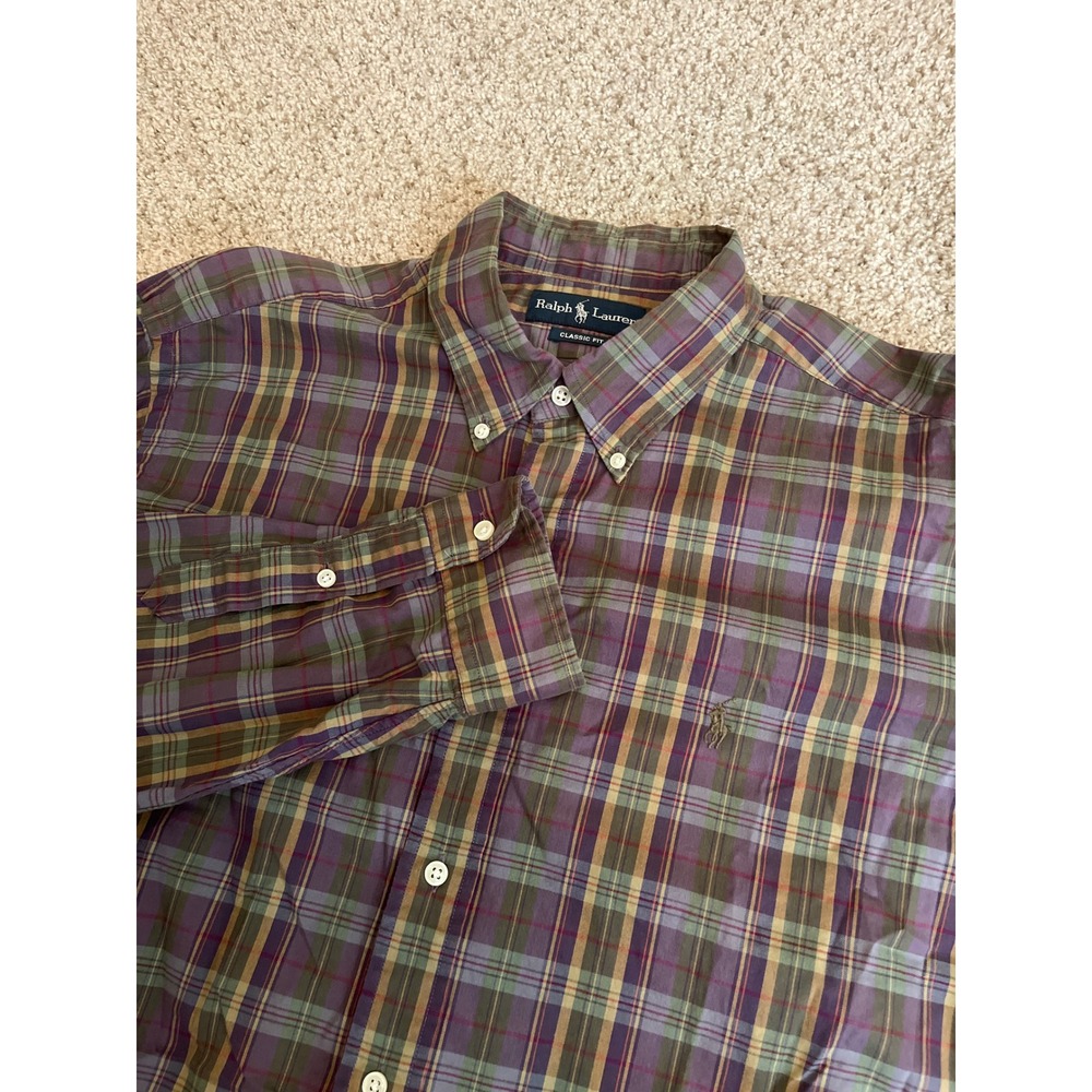 Ralph Lauren Men Button Down Shirt XL Purple Green Plaid Classic Fit Long Sleeve